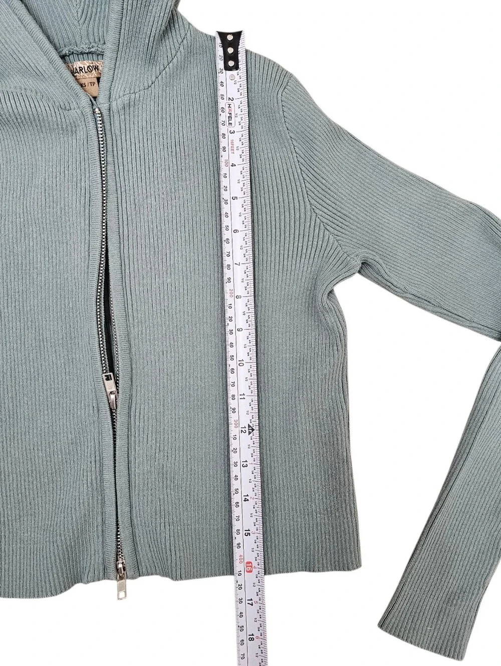 Harlow Cropped Ribbed Zip-Up Hoodie in Sage Green - Picture 5 of 7
